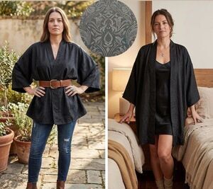 Delicates Black Paisley Jacquard Kimono Robe Boho Oversized Open Front hollywood